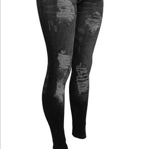 Cozy black High Rise, straight leg stretch jeggings with distressed appearance